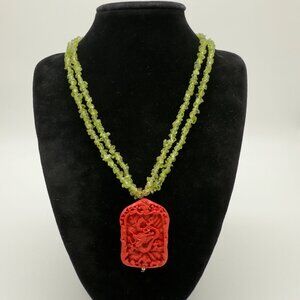 Vintage Green Peridot Hand Carved Red Lacquer Cinnabar Dragon Pendant Necklace